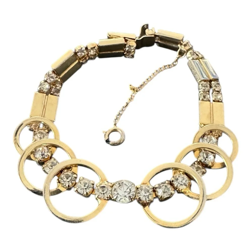 Vintage SAC Rhinestone‎ Bracelet Gold Tone Baguette Crystals Mid Century Signed